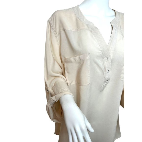 Philosophy Woman Tunic Top Beige 2X Roll Tab Long Sleeve Band Collar Pockets - Picture 6 of 10
